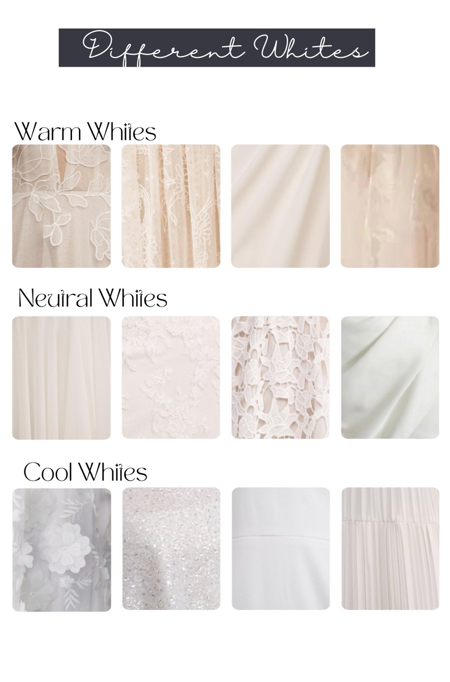 Warm, neutral and cool white wedding dress fabrics from The Stylery's Bride Guide