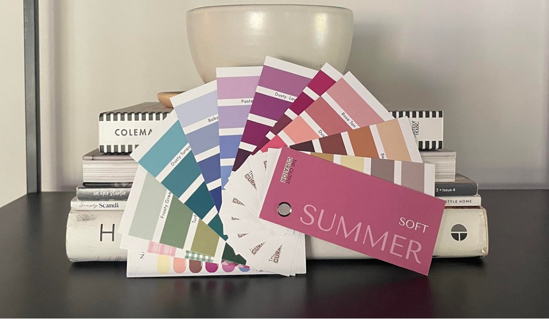 A Soft Summer swatch fan and color cards from The Stylery