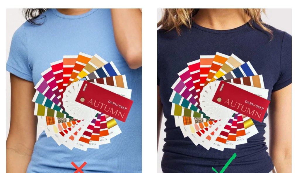 A swatch fan against a powder blue shirt and a navy shirt