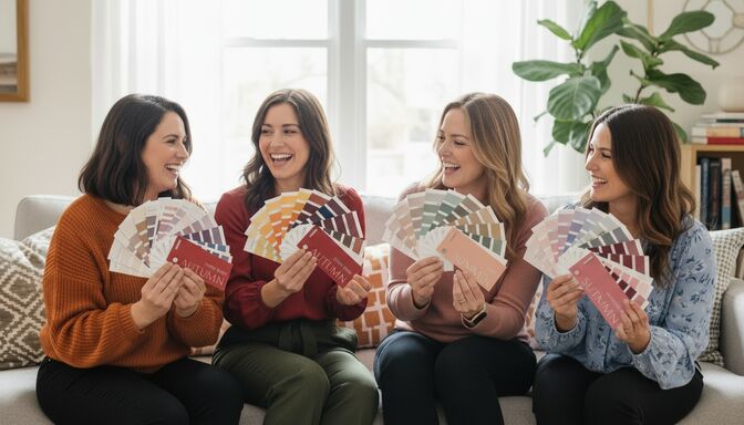 Friends holding up their season swatch fans at a color party