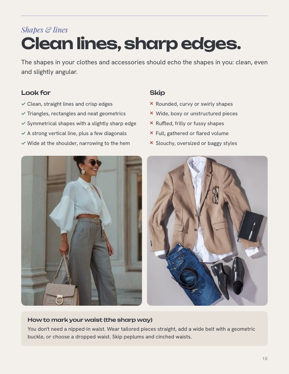 A style guide page showing clean, sharp-edged outfits for a Dramatic Classic