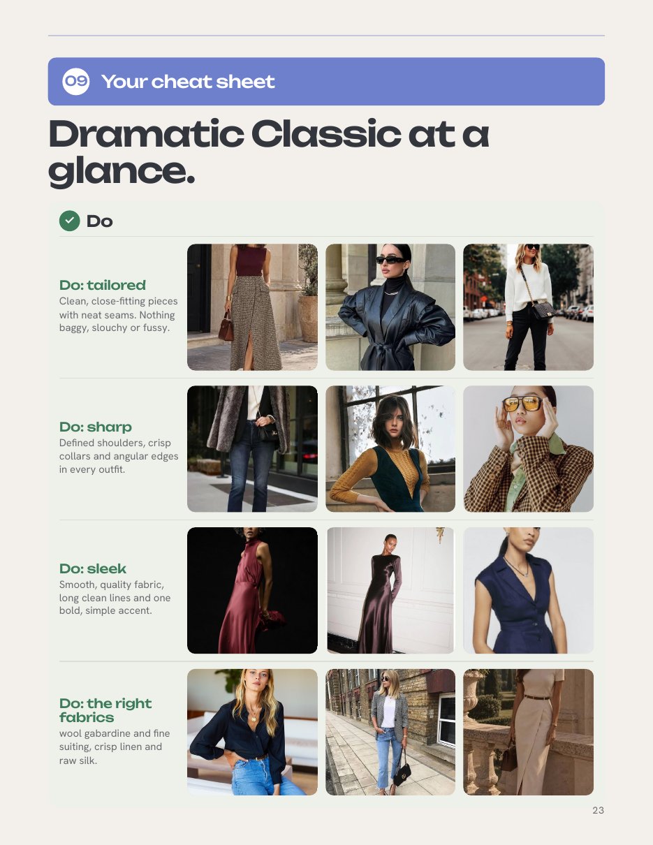 Style guide cheat sheet: Dramatic Classic at a glance